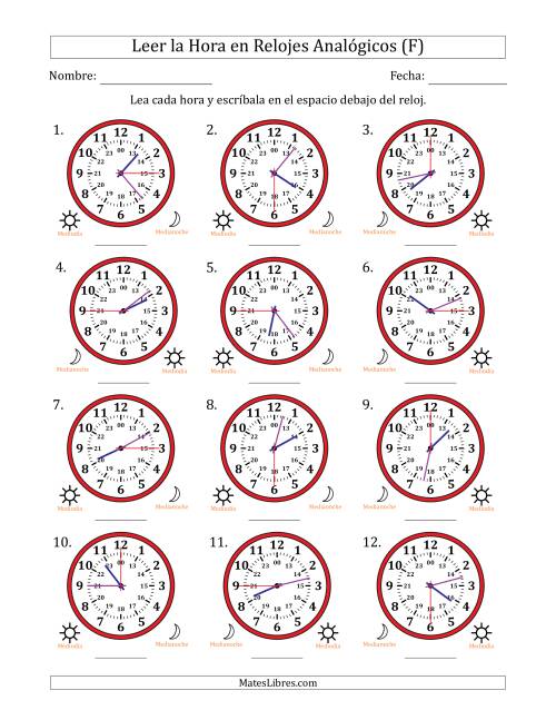 La hoja de ejercicios de Leer la Hora en Relojes Analógicos de 24 Horas en Intervalos de 15 Segundo (12 Relojes) (F)