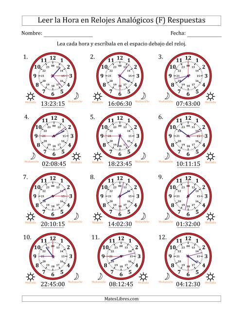 La hoja de ejercicios de Leer la Hora en Relojes Analógicos de 24 Horas en Intervalos de 15 Segundo (12 Relojes) (F) Página 2