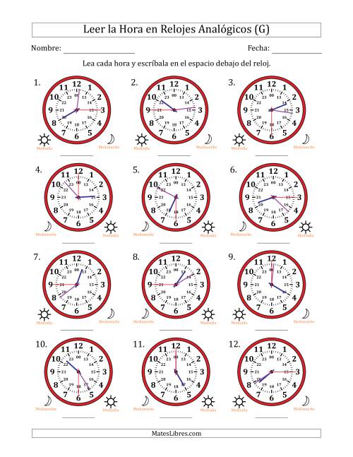 La hoja de ejercicios de Leer la Hora en Relojes Analógicos de 24 Horas en Intervalos de 15 Segundo (12 Relojes) (G)