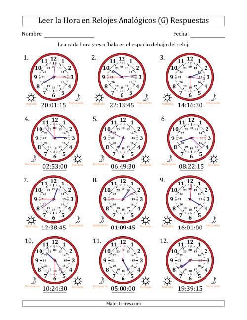 La hoja de ejercicios de Leer la Hora en Relojes Analógicos de 24 Horas en Intervalos de 15 Segundo (12 Relojes) (G) Página 2