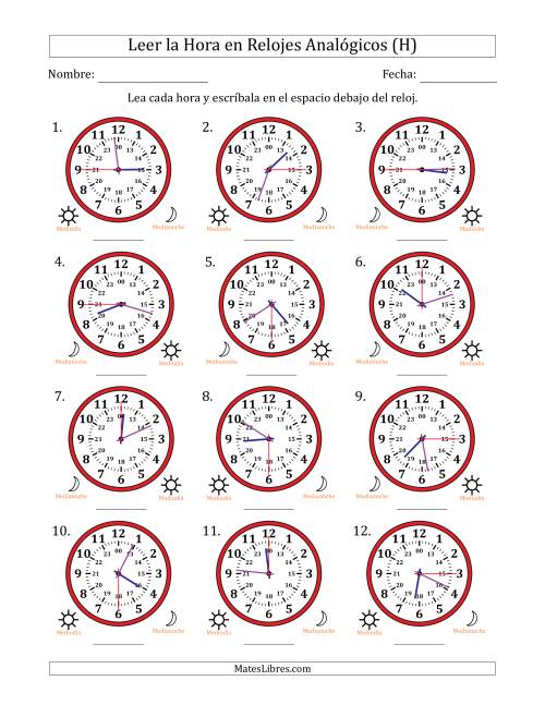 La hoja de ejercicios de Leer la Hora en Relojes Analógicos de 24 Horas en Intervalos de 15 Segundo (12 Relojes) (H)
