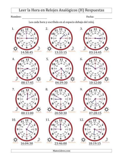 La hoja de ejercicios de Leer la Hora en Relojes Analógicos de 24 Horas en Intervalos de 15 Segundo (12 Relojes) (H) Página 2