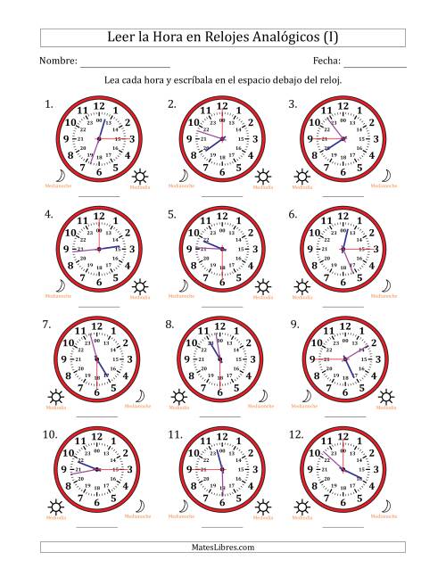 La hoja de ejercicios de Leer la Hora en Relojes Analógicos de 24 Horas en Intervalos de 15 Segundo (12 Relojes) (I)
