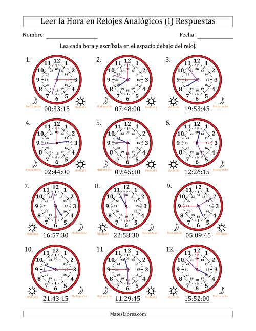 La hoja de ejercicios de Leer la Hora en Relojes Analógicos de 24 Horas en Intervalos de 15 Segundo (12 Relojes) (I) Página 2