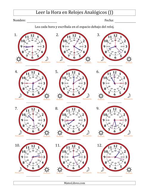 La hoja de ejercicios de Leer la Hora en Relojes Analógicos de 24 Horas en Intervalos de 15 Segundo (12 Relojes) (J)