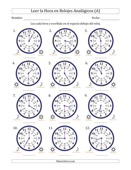 La hoja de ejercicios de Leer la Hora en Relojes Analógicos de 24 Horas en Intervalos de 30 Minuto (12 Relojes) (A)
