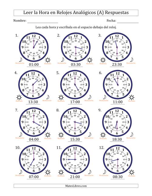 La hoja de ejercicios de Leer la Hora en Relojes Analógicos de 24 Horas en Intervalos de 30 Minuto (12 Relojes) (A) Página 2