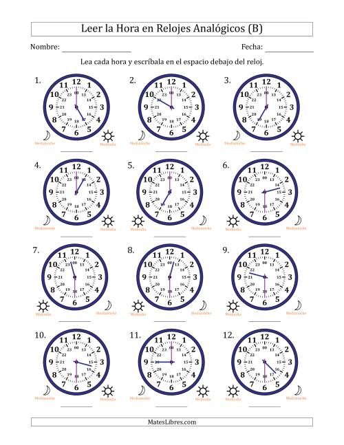 La hoja de ejercicios de Leer la Hora en Relojes Analógicos de 24 Horas en Intervalos de 30 Minuto (12 Relojes) (B)