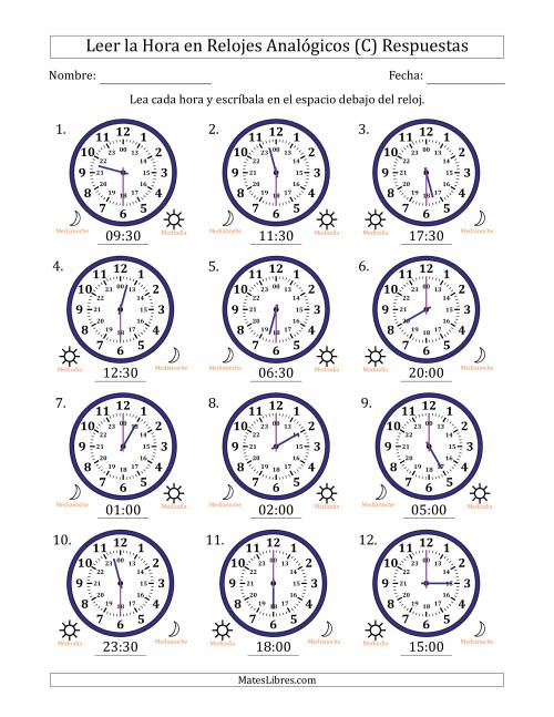 La hoja de ejercicios de Leer la Hora en Relojes Analógicos de 24 Horas en Intervalos de 30 Minuto (12 Relojes) (C) Página 2