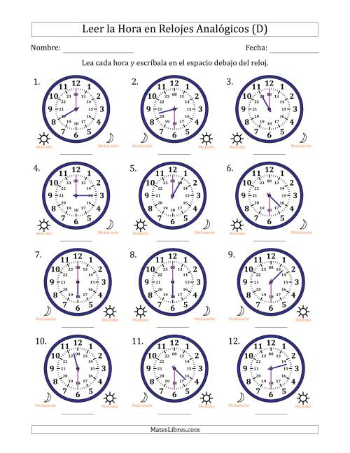 La hoja de ejercicios de Leer la Hora en Relojes Analógicos de 24 Horas en Intervalos de 30 Minuto (12 Relojes) (D)