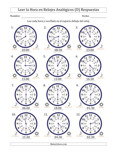 La hoja de ejercicios de Leer la Hora en Relojes Analógicos de 24 Horas en Intervalos de 30 Minuto (12 Relojes) (D) Página 2