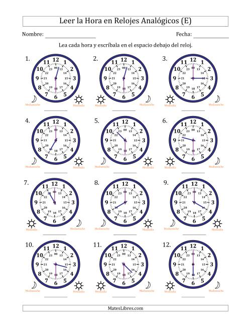 La hoja de ejercicios de Leer la Hora en Relojes Analógicos de 24 Horas en Intervalos de 30 Minuto (12 Relojes) (E)
