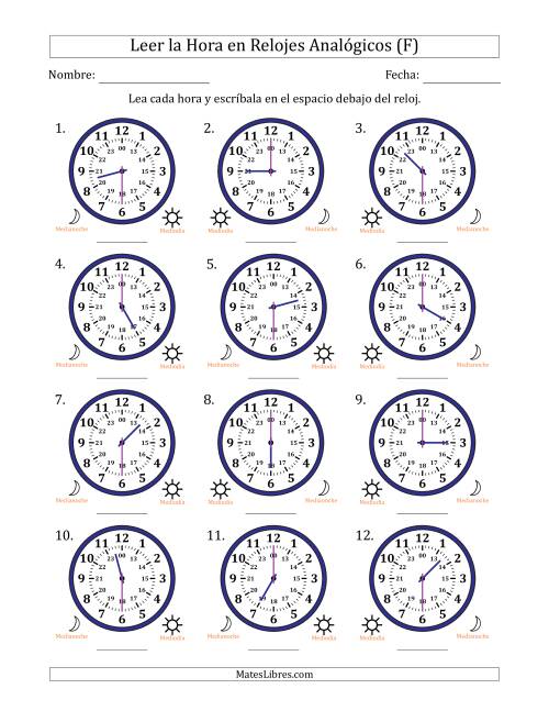 La hoja de ejercicios de Leer la Hora en Relojes Analógicos de 24 Horas en Intervalos de 30 Minuto (12 Relojes) (F)