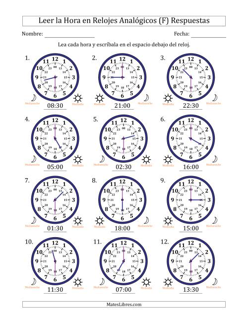 La hoja de ejercicios de Leer la Hora en Relojes Analógicos de 24 Horas en Intervalos de 30 Minuto (12 Relojes) (F) Página 2