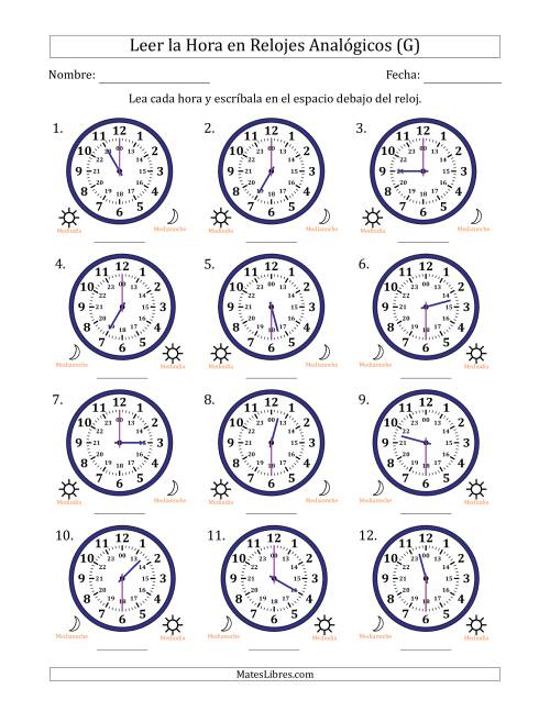 La hoja de ejercicios de Leer la Hora en Relojes Analógicos de 24 Horas en Intervalos de 30 Minuto (12 Relojes) (G)
