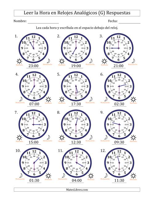 La hoja de ejercicios de Leer la Hora en Relojes Analógicos de 24 Horas en Intervalos de 30 Minuto (12 Relojes) (G) Página 2