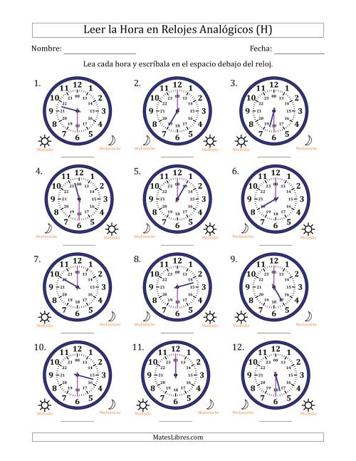 La hoja de ejercicios de Leer la Hora en Relojes Analógicos de 24 Horas en Intervalos de 30 Minuto (12 Relojes) (H)