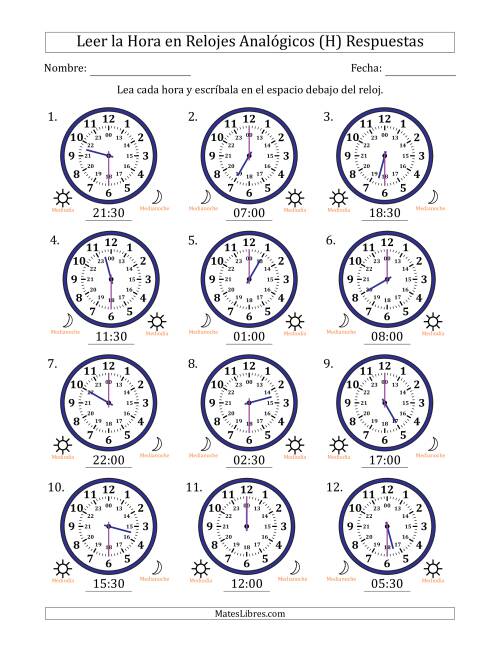 La hoja de ejercicios de Leer la Hora en Relojes Analógicos de 24 Horas en Intervalos de 30 Minuto (12 Relojes) (H) Página 2