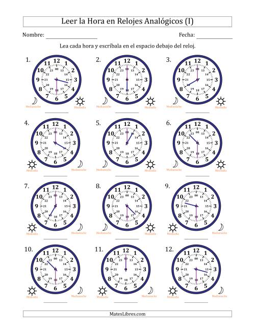 La hoja de ejercicios de Leer la Hora en Relojes Analógicos de 24 Horas en Intervalos de 30 Minuto (12 Relojes) (I)