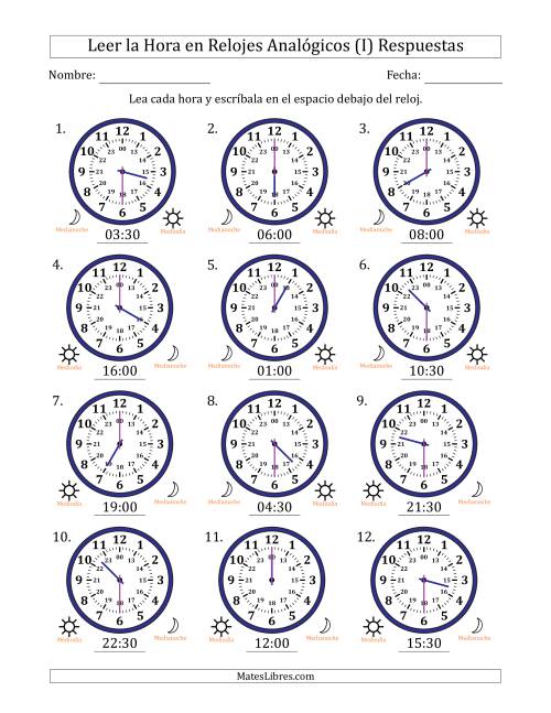 La hoja de ejercicios de Leer la Hora en Relojes Analógicos de 24 Horas en Intervalos de 30 Minuto (12 Relojes) (I) Página 2