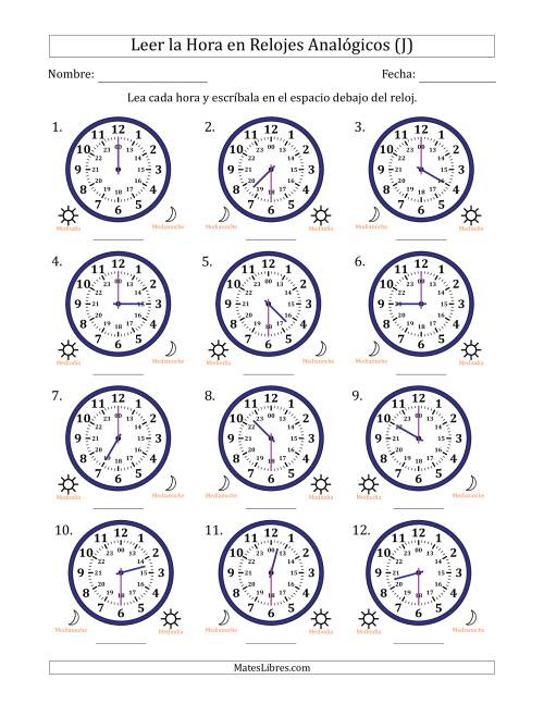 La hoja de ejercicios de Leer la Hora en Relojes Analógicos de 24 Horas en Intervalos de 30 Minuto (12 Relojes) (J)