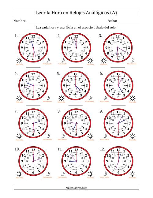 La hoja de ejercicios de Leer la Hora en Relojes Analógicos de 24 Horas en Intervalos de 30 Segundo (12 Relojes) (A)