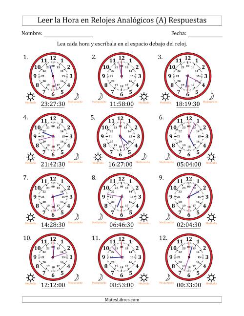 La hoja de ejercicios de Leer la Hora en Relojes Analógicos de 24 Horas en Intervalos de 30 Segundo (12 Relojes) (A) Página 2
