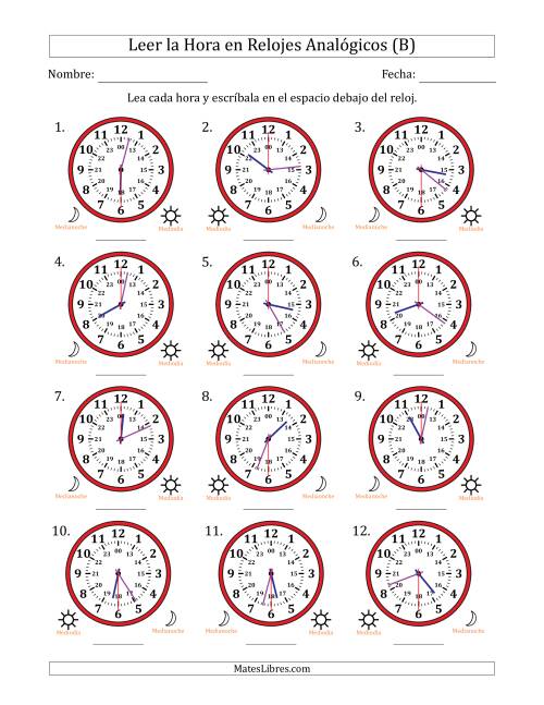 La hoja de ejercicios de Leer la Hora en Relojes Analógicos de 24 Horas en Intervalos de 30 Segundo (12 Relojes) (B)