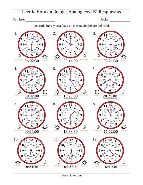 La hoja de ejercicios de Leer la Hora en Relojes Analógicos de 24 Horas en Intervalos de 30 Segundo (12 Relojes) (B) Página 2