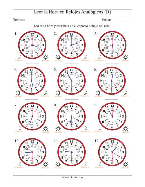 La hoja de ejercicios de Leer la Hora en Relojes Analógicos de 24 Horas en Intervalos de 30 Segundo (12 Relojes) (D)