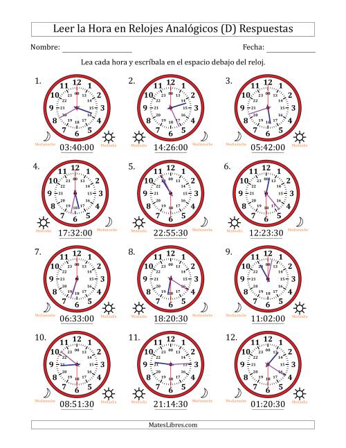 La hoja de ejercicios de Leer la Hora en Relojes Analógicos de 24 Horas en Intervalos de 30 Segundo (12 Relojes) (D) Página 2