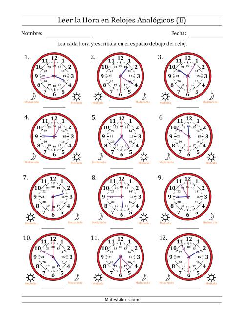 La hoja de ejercicios de Leer la Hora en Relojes Analógicos de 24 Horas en Intervalos de 30 Segundo (12 Relojes) (E)