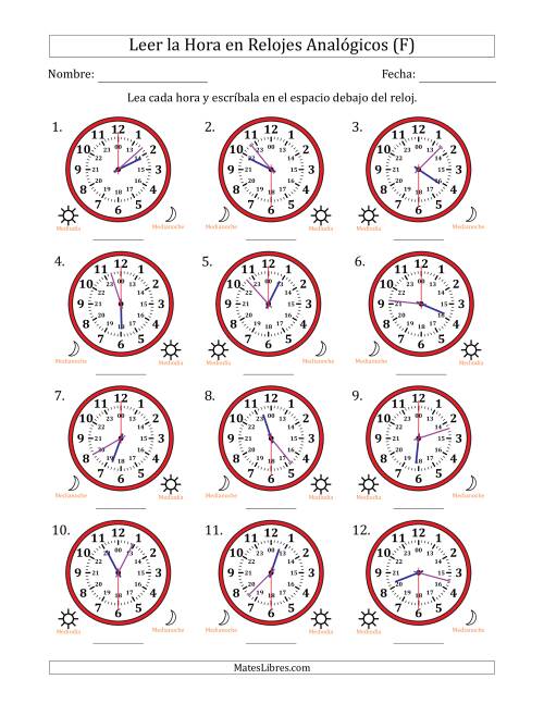 La hoja de ejercicios de Leer la Hora en Relojes Analógicos de 24 Horas en Intervalos de 30 Segundo (12 Relojes) (F)