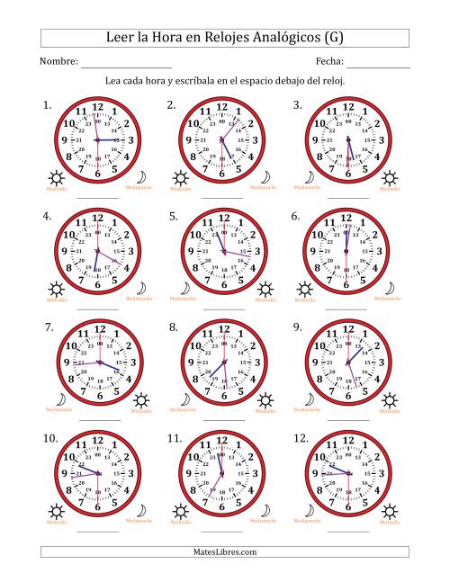La hoja de ejercicios de Leer la Hora en Relojes Analógicos de 24 Horas en Intervalos de 30 Segundo (12 Relojes) (G)