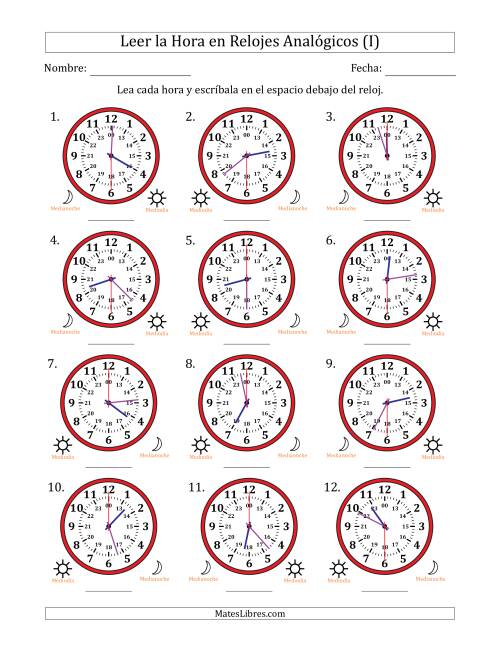 La hoja de ejercicios de Leer la Hora en Relojes Analógicos de 24 Horas en Intervalos de 30 Segundo (12 Relojes) (I)