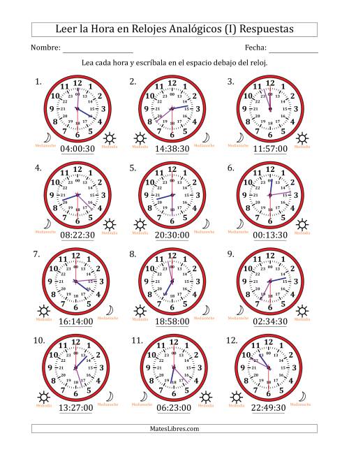 La hoja de ejercicios de Leer la Hora en Relojes Analógicos de 24 Horas en Intervalos de 30 Segundo (12 Relojes) (I) Página 2