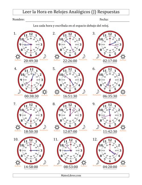 La hoja de ejercicios de Leer la Hora en Relojes Analógicos de 24 Horas en Intervalos de 30 Segundo (12 Relojes) (J) Página 2