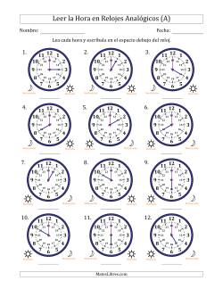 Leer la Hora en Relojes Analógicos de 24 Horas en Intervalos de 1 Hora (12 Relojes)