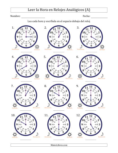la Hora en Relojes Analógicos de 24 Horas en Intervalos de 1 Hora (12 (A)