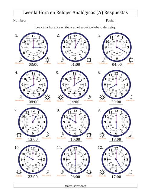 Leer la Hora en Relojes Analógicos 24 Horas en Intervalos de 1 Hora (12 Relojes) (A)