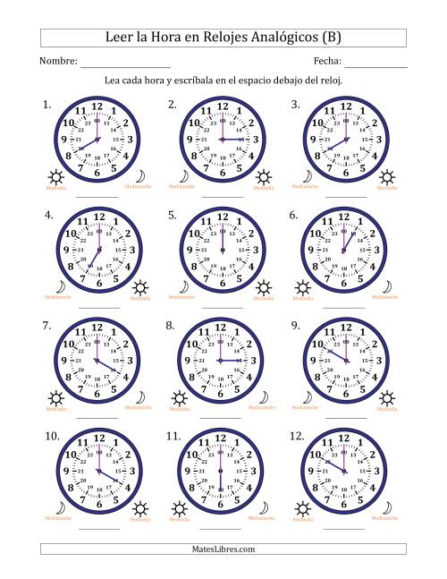 La hoja de ejercicios de Leer la Hora en Relojes Analógicos de 24 Horas en Intervalos de 1 Hora (12 Relojes) (B)