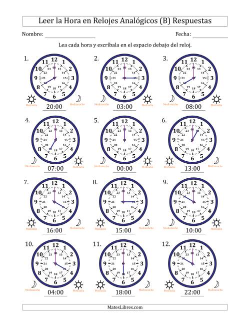 La hoja de ejercicios de Leer la Hora en Relojes Analógicos de 24 Horas en Intervalos de 1 Hora (12 Relojes) (B) Página 2