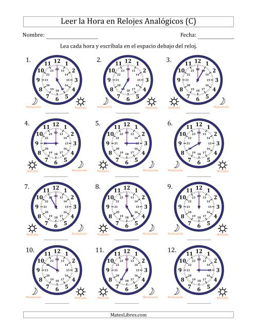 La hoja de ejercicios de Leer la Hora en Relojes Analógicos de 24 Horas en Intervalos de 1 Hora (12 Relojes) (C)