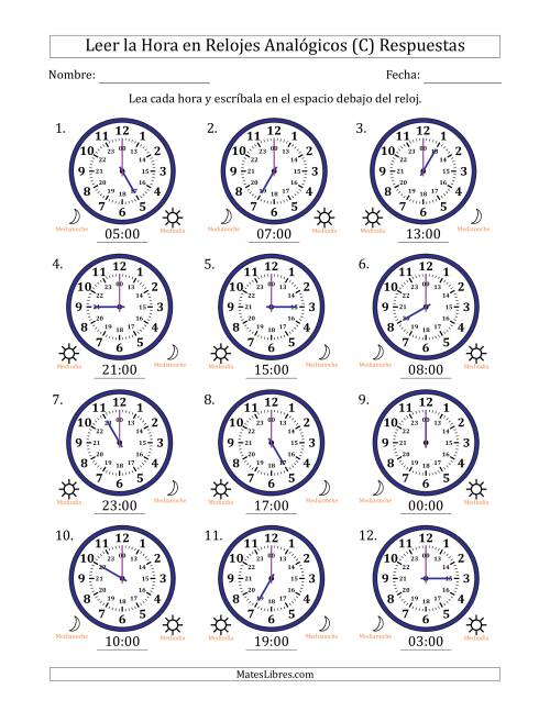 La hoja de ejercicios de Leer la Hora en Relojes Analógicos de 24 Horas en Intervalos de 1 Hora (12 Relojes) (C) Página 2