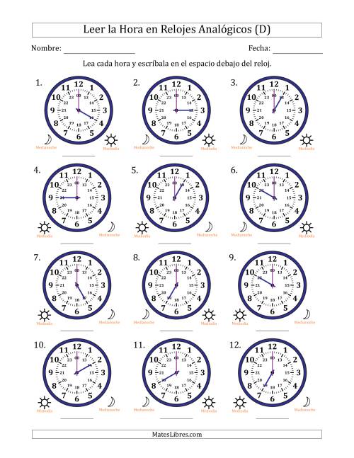 La hoja de ejercicios de Leer la Hora en Relojes Analógicos de 24 Horas en Intervalos de 1 Hora (12 Relojes) (D)