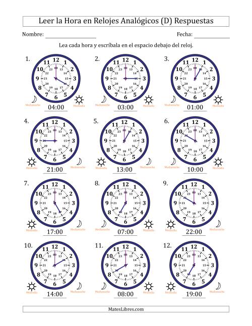 La hoja de ejercicios de Leer la Hora en Relojes Analógicos de 24 Horas en Intervalos de 1 Hora (12 Relojes) (D) Página 2