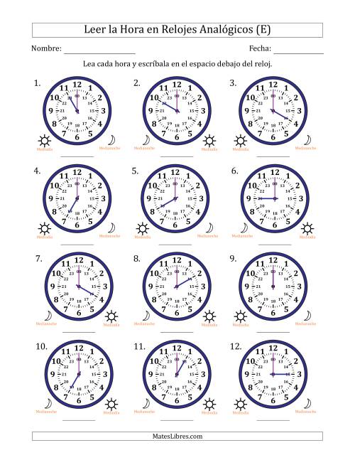 La hoja de ejercicios de Leer la Hora en Relojes Analógicos de 24 Horas en Intervalos de 1 Hora (12 Relojes) (E)