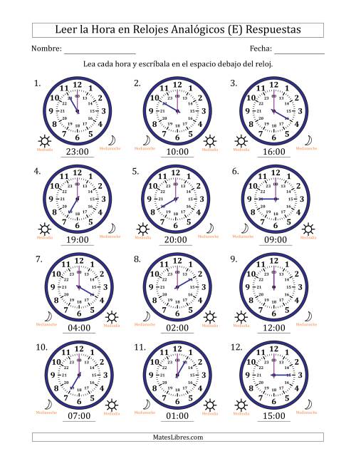 La hoja de ejercicios de Leer la Hora en Relojes Analógicos de 24 Horas en Intervalos de 1 Hora (12 Relojes) (E) Página 2