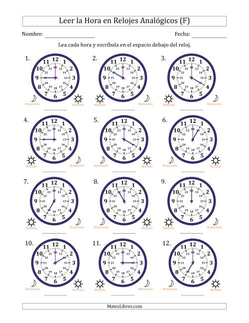La hoja de ejercicios de Leer la Hora en Relojes Analógicos de 24 Horas en Intervalos de 1 Hora (12 Relojes) (F)