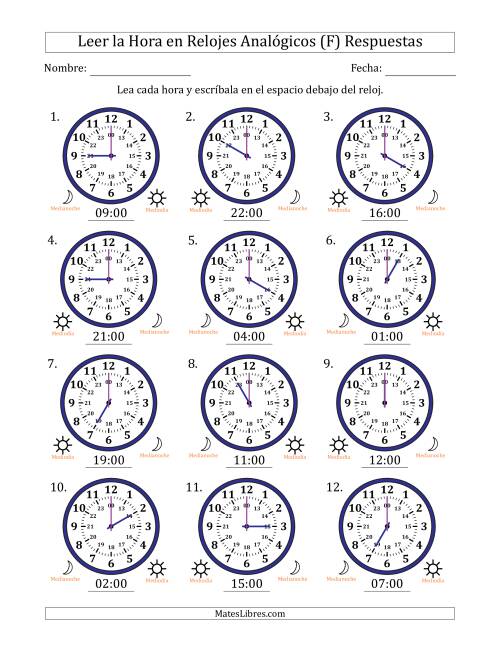 La hoja de ejercicios de Leer la Hora en Relojes Analógicos de 24 Horas en Intervalos de 1 Hora (12 Relojes) (F) Página 2